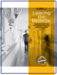 Screenshot of the cover of the report entitled Leaving the Bedside: Findings from the Pittsburgh Hospital Workers Survey. The title is written on a yellow banner with the Pittsburgh Hospital Workers Survey logo at the bottom. The writing is overlaid over a black and white picture of a man walking away from the camera down a hospital hallway with an IV drip in the forefront of the photo.